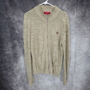 Guess Sweater‎ Mens Large Beige Brown Full Zip Long Sleeve Knit  Acrylic Blend